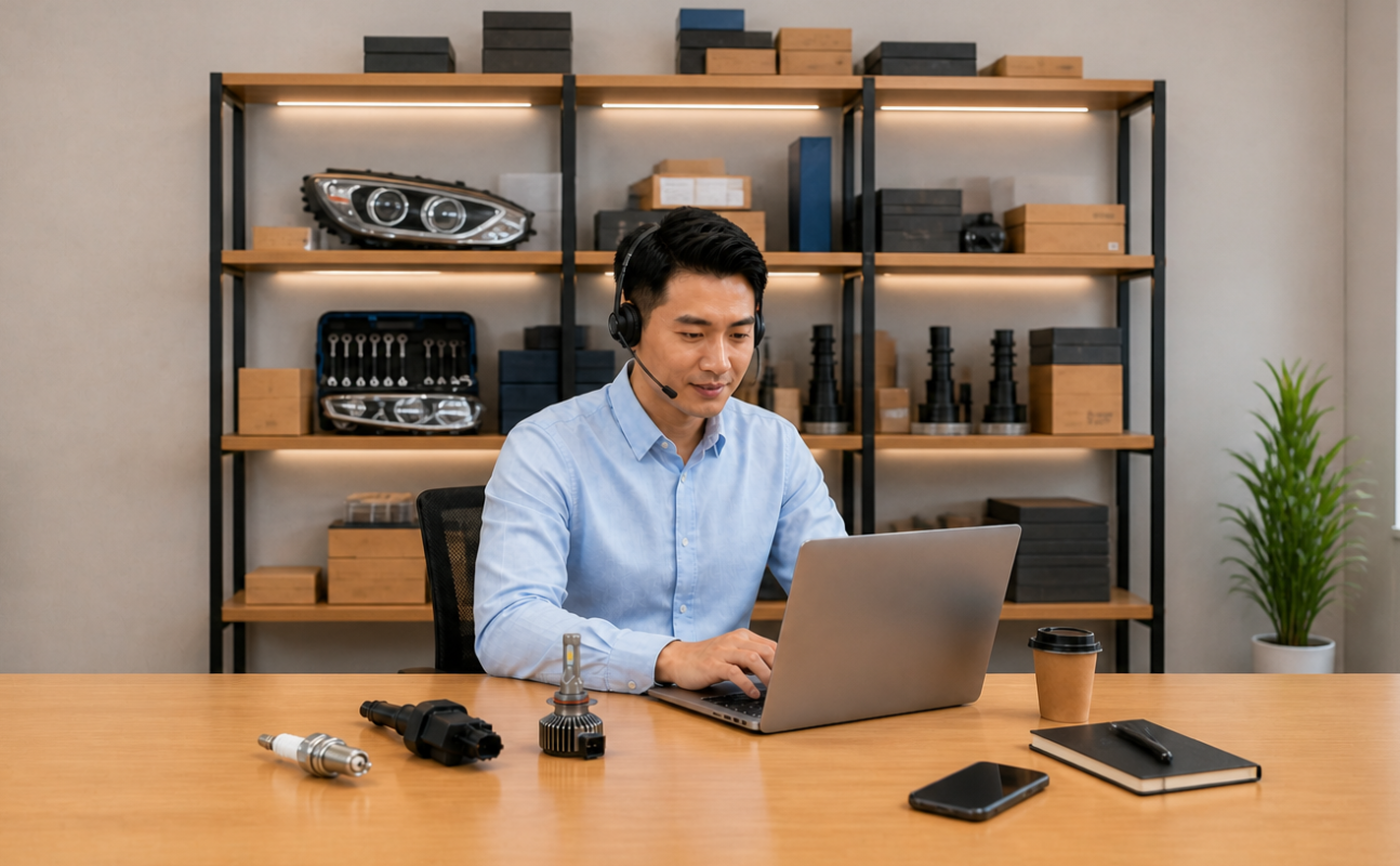 Auto parts sourcing specialist with a headset working on a laptop, with spark plugs, ignition coils and headlights on the shelves behind